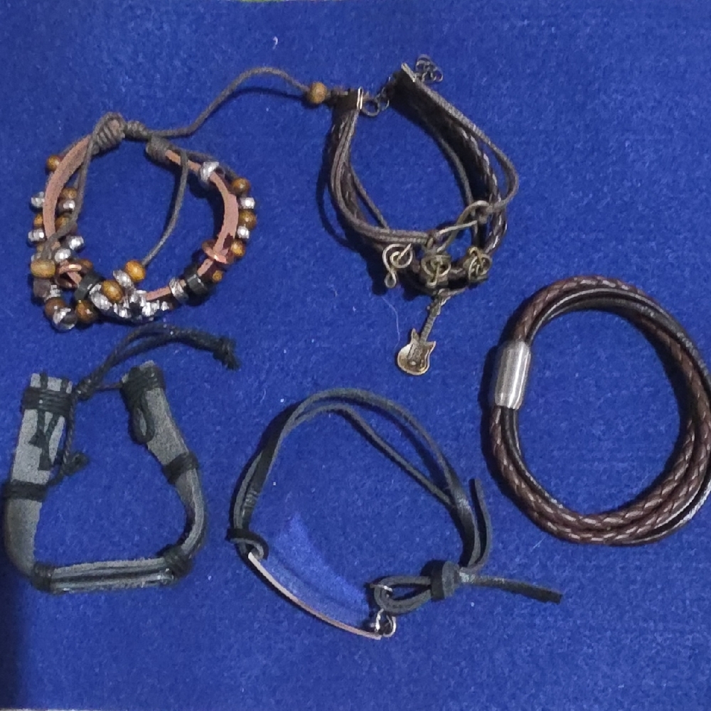 Brown and Black Men's Multi-Strap Leather Bracelets - Casual Accessory Set